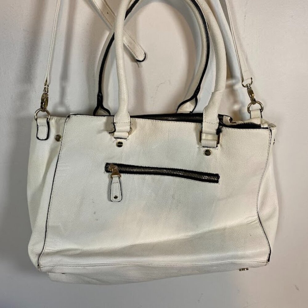 Two-Tone Women's White Black Leather Satchel Tote Bag Large - Picture 5 of 11